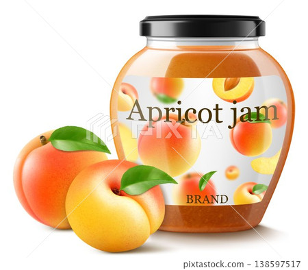 Jar with apricot jam isolated on white background. Canned apricot in a glass jar with lid and paper label, Realistic 3d vector illustration. Mockup , preserve in packaging. Jar with apricot jam isolated on white background. Canned apricot in a glass jar with lid and paper label, Realistic 3d vector illustration. Mockup , preserve in packaging. 138597517