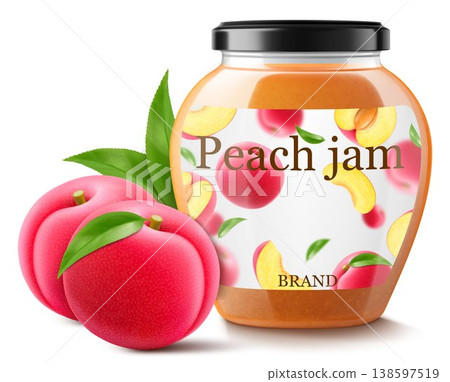 Jar with peach jam isolated on white background. Canned peach in a glass jar with lid and paper label, Realistic 3d vector illustration. Mockup , preserve in packaging. Jar with peach jam isolated on white background. Canned peach in a glass jar with lid and paper label, Realistic 3d vector illustration. Mockup , preserve in packaging. 138597519
