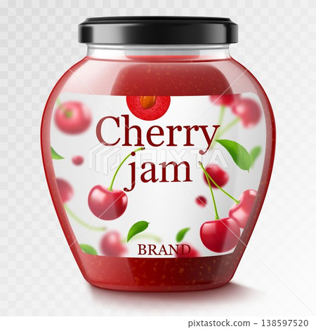 Cherry jam in glass jar and fresh berry isolated on white background. Realistic 3d vector Illustration. Glass Jar with Preserved Cherry Compote or Jam, confiture or marmalade . 138597520
