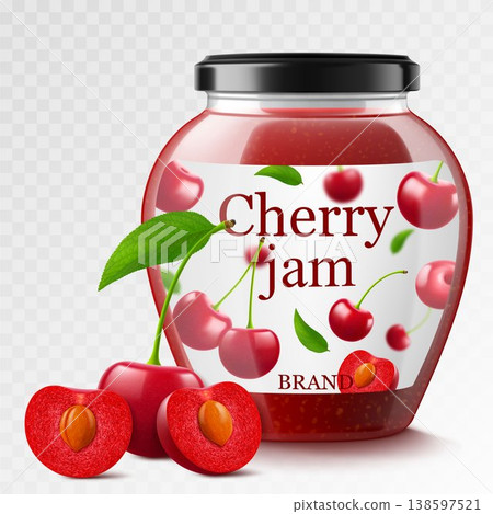 Cherry jam in glass jar and fresh berry isolated on white background. Realistic 3d vector Illustration. Glass Jar with Preserved Cherry Compote or Jam, confiture or marmalade . 138597521