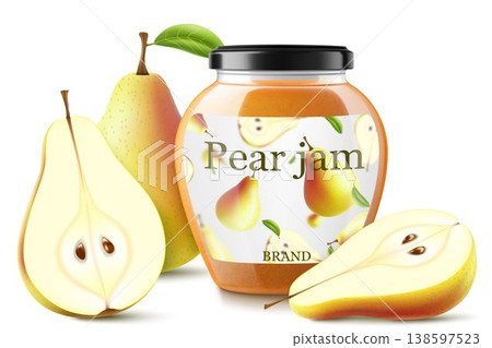 Glass jar with pear Jam isolated on white . Homemade fruit jam, natural organic product. Jar with cap and label. White strip with text and pattern with fruits. Realistic 3d vector illustration Glass jar with pear Jam isolated on white . Homemade fruit jam, natural organic product. Jar with cap and label. White strip with text and pattern with fruits. Realistic 3d vector illustration 138597523