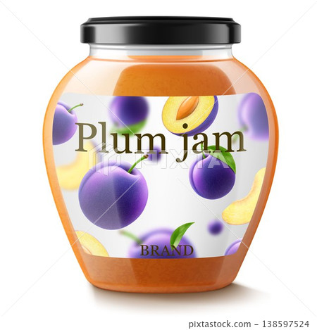 Glass jar with plum jam isolated on white background. Jar of marmalade from juicy blue plums. fresh fruits with leaves. Organic food. Label mockup for jam. Realistic 3d vector illustration Glass jar with plum jam isolated on white background. Jar of marmalade from juicy blue plums. fresh fruits with leaves. Organic food. Label mockup for jam. Realistic 3d vector illustration 138597524