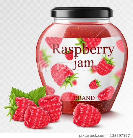 Raspberry jam in a glass jar and fresh berries isolated on white background. Realistic 3d Vector illustration of sweet homemade preserve. Preserved raspberry Compote or Jam, confiture or marmalade . Raspberry jam in a glass jar and fresh berries isolated on white background. Realistic 3d Vector illustration of sweet homemade preserve. Preserved raspberry Compote or Jam, confiture or marmalade . 138597527