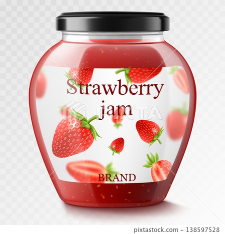 Strawberry jam in a glass jar and fresh berries isolated on white background. Realistic 3d Vector illustration of sweet homemade preserve. Preserved strawberry Compote or Jam, confiture or marmalade . Strawberry jam in a glass jar and fresh berries isolated on white background. Realistic 3d Vector illustration of sweet homemade preserve. Preserved strawberry Compote or Jam, confiture or marmalade . 138597528