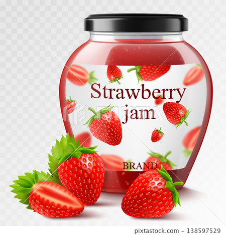 Strawberry jam in a glass jar and fresh berries isolated on white background. Realistic 3d Vector illustration of sweet homemade preserve. Preserved strawberry Compote or Jam, confiture or marmalade . 138597529