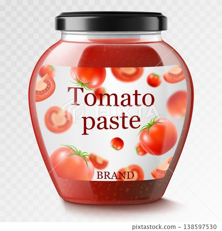 Tomato sauce canned in glass jar with screw metal lid, Vegetables home preservation. Ketchup, taco or tomato juice conservation isolated, 3d realistic vector illustration set Tomato sauce canned in glass jar with screw metal lid, Vegetables home preservation. Ketchup, taco or tomato juice conservation isolated, 3d realistic vector illustration set 138597530
