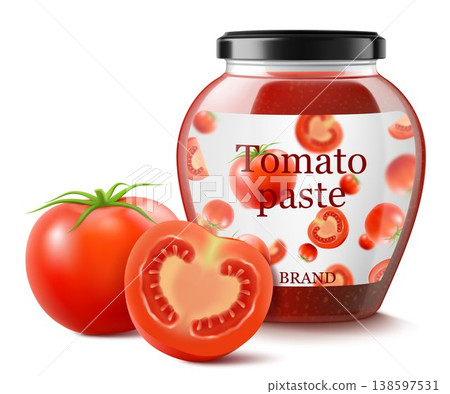Tomato sauce canned in glass jar with screw metal lid, Vegetables home preservation. Ketchup, taco or tomato juice conservation isolated, 3d realistic vector illustration set 138597531