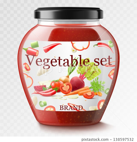 Vegetable smoothie or borscht dressing made from carrots, beets, onions and tomatoes in glass jar. Realistic 3d vector Illustration. Glass Jar with Preserved Beetroot. Natural organic food label. Vegetable smoothie or borscht dressing made from carrots, beets, onions and tomatoes in glass jar. Realistic 3d vector Illustration. Glass Jar with Preserved Beetroot. Natural organic food label. 138597532