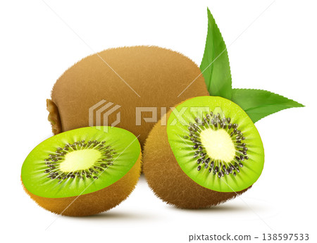 Whole juicy kiwi and half green kiwi, slices fruits isolated on a white background. kiwi fruit, green pulp tasty kiwi vegan snack, Realistic 3d vector illustration 138597533