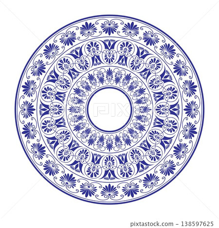 Round frame porcelain plate with blue floral ornament. Elegant circular vector classic Mediterranean pattern. Ancient Greek and Roman ceramic. Palmette, floral motif. Egyptian, Assyrian, Greek motif Round frame porcelain plate with blue floral ornament. Elegant circular vector classic Mediterranean pattern. Ancient Greek and Roman ceramic. Palmette, floral motif. Egyptian, Assyrian, Greek motif 138597625