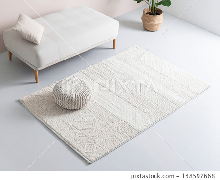 Cozy lifestyle. Modern carpet in pastel colors on a white background. Home decor. Top view. 138597668