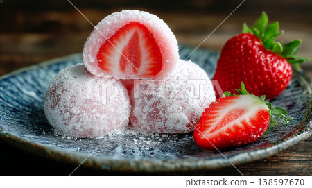 Springtime Japanese sweets: Cross-section of a strawberry daifuku and a fresh strawberry, served on a plate as a backdrop for the dessert. 138597670