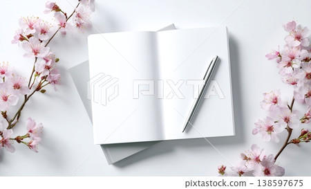 一張白色書桌，上面放著打開的筆記本和鋼筆，還有櫻花。 138597675