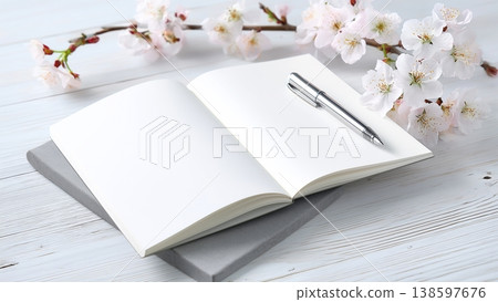 一張白色書桌，上面放著打開的筆記本和鋼筆，還有櫻花。 138597676