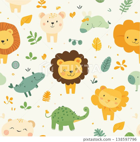 Playful illustration of cute animals and leaves for kids designs. 138597796