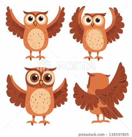 Adorable owl illustrations showcasing different angles and expressions. 138597805