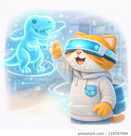 Learn about dinosaurs in VR with a 3D cat character: Virtual learning, EdTech, and experiential education. 138597994