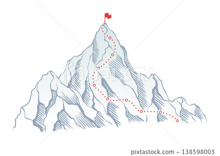 Mountain climbing route to top rock with red flag on peak. Business journey path in progress, way to success or concept of goal. Vector illustration Mountain climbing route to top rock with red flag on peak. Business journey path in progress, way to success or concept of goal. Vector illustration 138598003