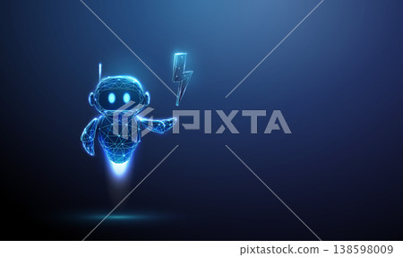 3d robot with lightning above its hand. AI acceleration, performance boost, high speed processing, system optimization, scalable automation, workflow scaling concept 138598009