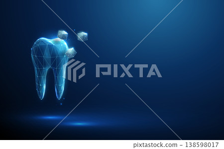 3d blue tooth with sugar cubes. Dental health risk, sugar exposure impact, enamel erosion, cavity formation, caries development, oral hygiene awareness concept. 138598017