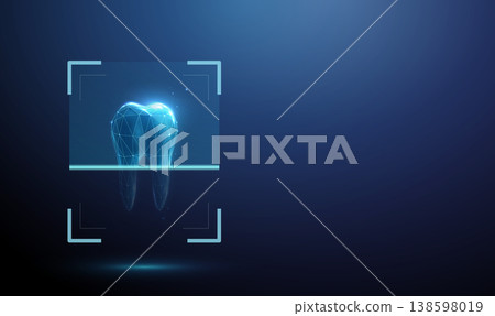 3d tooth inside digital scanning frame. Dental diagnostics, digital tooth scanning, cavity detection, enamel analysis, oral health monitoring, clinical assessment concept. 138598019