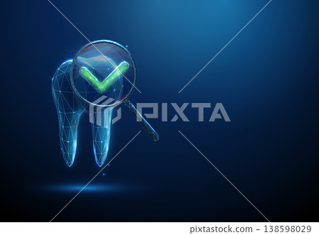 3d tooth under magnifying glass with green check mark inside. Dental checkup approval, healthy tooth confirmation, successful diagnostics, cavity-free result concept. 138598029