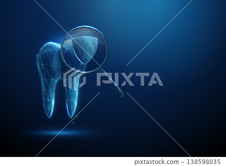 3d tooth under magnifying glass with shield inside. Dental protection, strong enamel reinforcement, protective coating, fluoride barrier, cavity prevention concept. 138598035