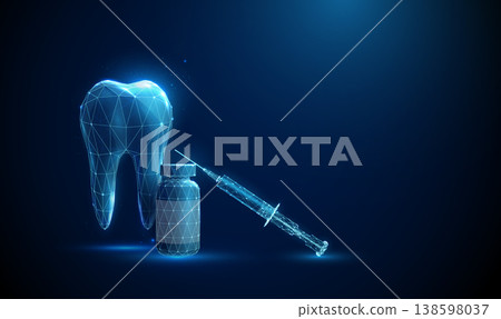 3d tooth with medicine bottle and syringe. Dental treatment, injectable therapy, local anesthesia, medical intervention, pharmacological support, infection control concept. 3d tooth with medicine bottle and syringe. Dental treatment, injectable therapy, local anesthesia, medical intervention, pharmacological support, infection control concept. 138598037