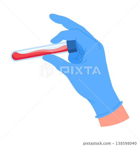 Hand of lab worker wearing medical glove holding blood sample in test tube. Laboratory analysis. Diagnostic examination. Glass flask in doctor arm palm. Bloody Hand of lab worker wearing medical glove holding blood sample in test tube. Laboratory analysis. Diagnostic examination. Glass flask in doctor arm palm. Bloody 138598040