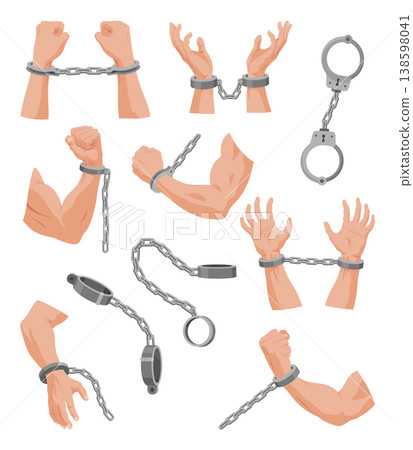 Iron chain concept set with different scenarios including hands in chains, padlocked chains, broken links and ball and chain. Ideal for concepts of oppression, slavery, freedom, imprisonment, security 138598041