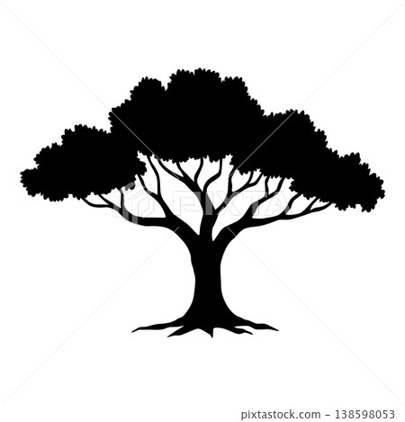 Oak silhouette towering over grass, broad canopy and thick trunk with sprawling roots, high contrast black shape conveys calm stability and parkland serenity Oak silhouette towering over grass, broad canopy and thick trunk with sprawling roots, high contrast black shape conveys calm stability and parkland serenity 138598053