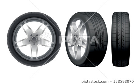 Car tires of rubber with disks. Vector realistic isolated set of tires in different positions. Automobile wheels and maintenance. Truck or vehicle repairing and replacement for next season Car tires of rubber with disks. Vector realistic isolated set of tires in different positions. Automobile wheels and maintenance. Truck or vehicle repairing and replacement for next season 138598070