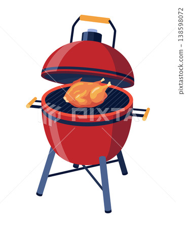 Red barbecue with accessories. Charcoal grill. Red barbecue grill with open lid and modern design features 138598072