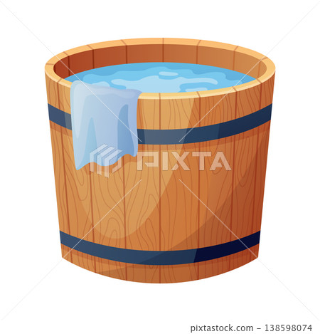 Wooden bath. Wood tub, cartoon rustic water bath barrel for public sauna traditional banya or onsen japanese hot spring, wellness relaxing bathtub basin neat vector illustration of tub bath wooden Wooden bath. Wood tub, cartoon rustic water bath barrel for public sauna traditional banya or onsen japanese hot spring, wellness relaxing bathtub basin neat vector illustration of tub bath wooden 138598074