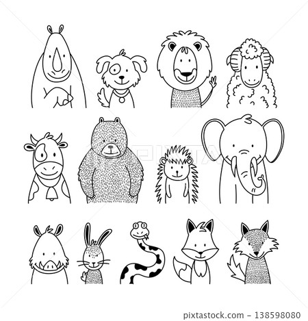 Cute doodle animal smiles face set. Cartoon character animal head and body kid icon set. Vector illustration Cute doodle animal smiles face set. Cartoon character animal head and body kid icon set. Vector illustration 138598080