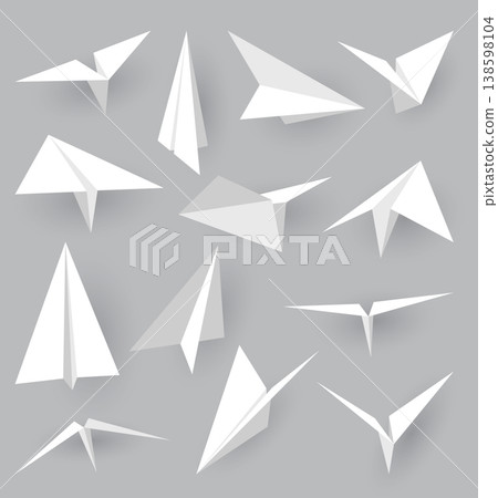 Paper planes collection. Origami handmade aircraft set in different view. Vector white model paper airplanes with shadow, isolated on gray background 138598104