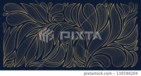Luxury gold floral line pattern, elegant leaves and flowers on a dark background. Vector art deco illustration, Japanese ornament, Nouveau influences, modern tropical botanical design. Luxury gold floral line pattern, elegant leaves and flowers on a dark background. Vector art deco illustration, Japanese ornament, Nouveau influences, modern tropical botanical design. 138598204