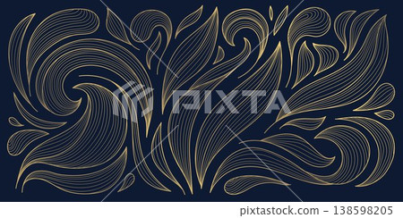 Luxury gold floral line pattern, elegant leaves and flowers on a dark background. Vector art deco illustration, Japanese ornament, Nouveau influences, modern tropical botanical design. Luxury gold floral line pattern, elegant leaves and flowers on a dark background. Vector art deco illustration, Japanese ornament, Nouveau influences, modern tropical botanical design. 138598205