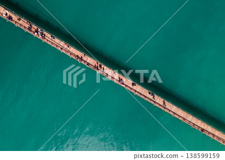 Aerial View of People Walking on Wooden Bridge Over Turquoise Water Aerial View of People Walking on Wooden Bridge Over Turquoise Water 138599159