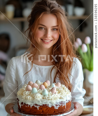 Portrait of beautiful young woman holding festive Easter cake with sugar icing and small eggs and smiling looking at camera with copy-space. Portrait of beautiful young woman holding festive Easter cake with sugar icing and small eggs and smiling looking at camera with copy-space. 138599295