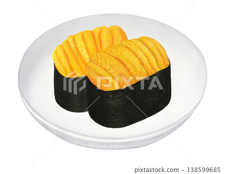 Illustration of sea urchin gunkan sushi on a plate - 2 pieces Illustration of sea urchin gunkan sushi on a plate - 2 pieces 138599685