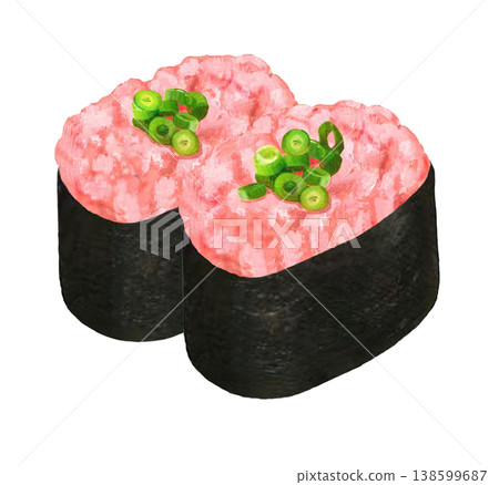Illustration of Negitoro Gunkan (minced tuna and green onion sushi) - 2 pieces Illustration of Negitoro Gunkan (minced tuna and green onion sushi) - 2 pieces 138599687