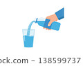 Hand pouring water from a blue bottle into a clear glass minimal flat illustration clean background simple everyday action hydration concept 138599737