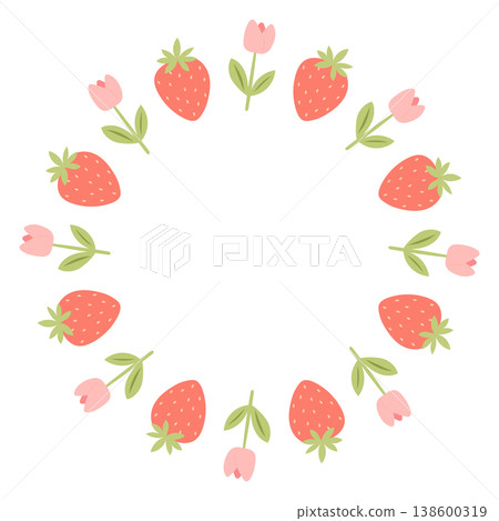 Strawberry wreath with pink tulip flowers frame Strawberry wreath with pink tulip flowers frame 138600319