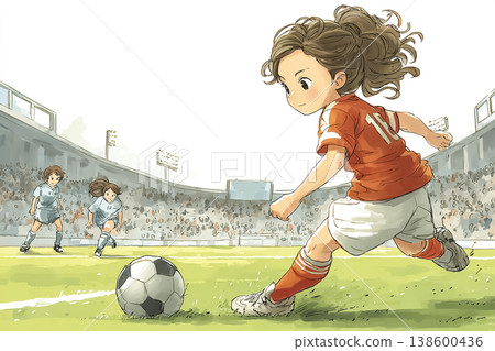 Miyu系列：描繪年輕女足球員傳球的插圖。 138600436