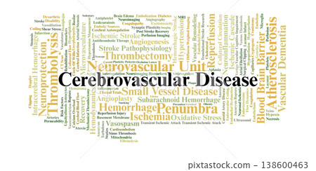 Cerebrovascular Disease Word Cloud. A Visual Overview of Vascular Pathophysiology, Stroke Mechanisms, and Clinical Interventions for Specialists in Brain Health and Blood Flow. 138600463