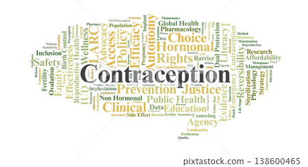 Contraception Word Cloud. A professional overview of birth control methods, reproductive autonomy, clinical efficacy, and systemic factors affecting access to family planning services. Contraception Word Cloud. A professional overview of birth control methods, reproductive autonomy, clinical efficacy, and systemic factors affecting access to family planning services. 138600465