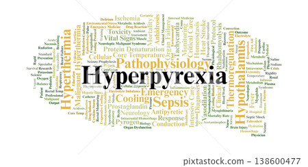 Hyperpyrexia Word Cloud. A Comprehensive Overview of Extreme Body Temperature Management, Focusing on Pathophysiology, Clinical Emergencies, Cooling Protocols, and Vital Organ Protection. 138600477