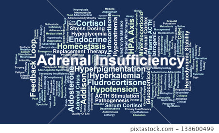 Adrenal Insufficiency Word Cloud. A Professional Mapping of Hormonal Deficiency, HPA Axis Mechanisms, Diagnostic Standards, and Critical Management Protocols for Adrenal Health. 138600499