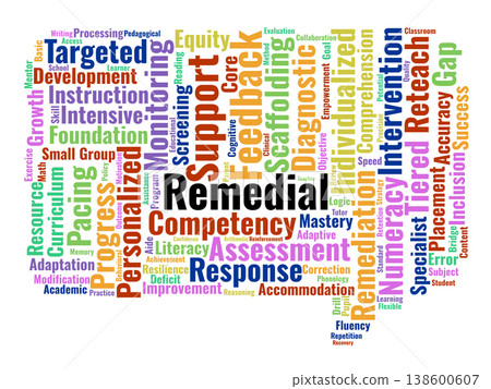 Remedial Education Word Cloud. A Comprehensive Overview Of Academic Support Strategies, Intervention Models, And Foundational Skill Building Techniques For Professional Educators. Remedial Education Word Cloud. A Comprehensive Overview Of Academic Support Strategies, Intervention Models, And Foundational Skill Building Techniques For Professional Educators. 138600607